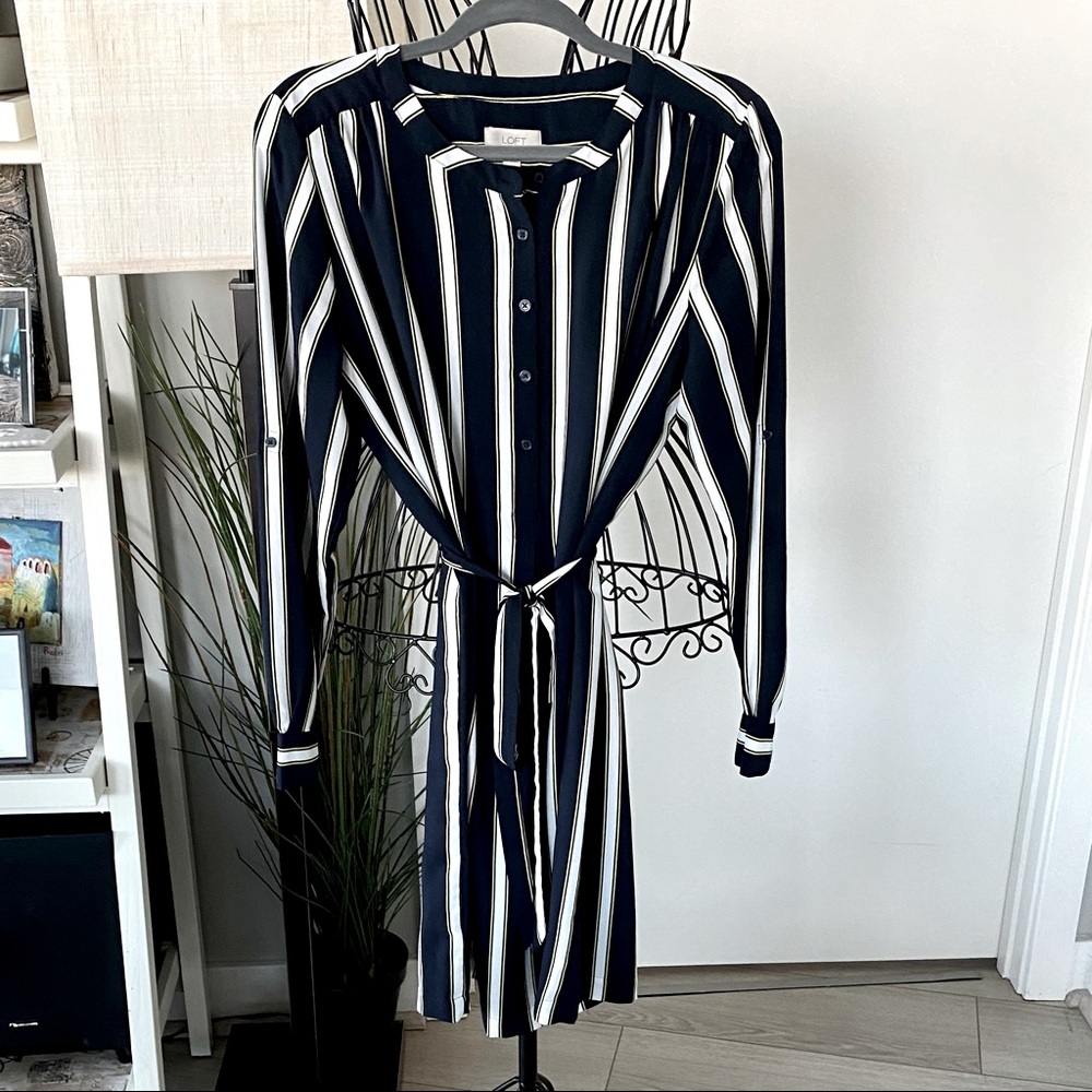 LOFT Navy & Yellow striped button down dress